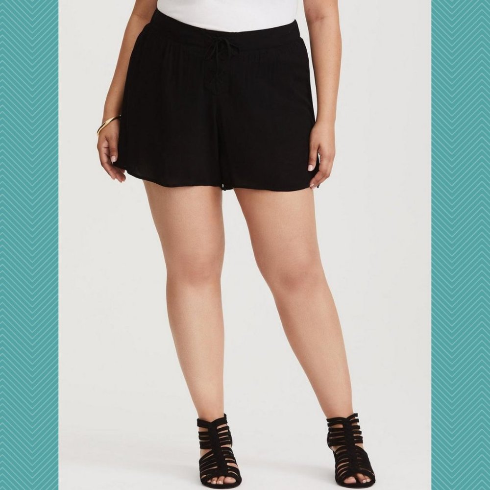 Torrid Black High Rise Lace Up Front Crepe Flowy Shorts
